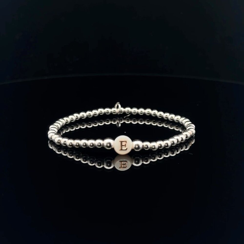 925 Sterling Silver Beaded Stretch Stacking Bracelet MOP Letter Initial E
